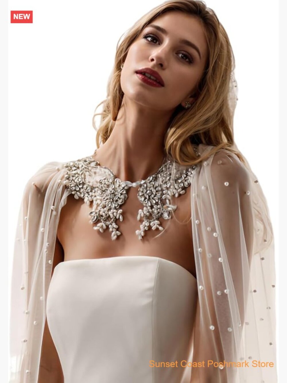 Bridal Cape with Pearls and Rhinestones Soft Tulle Wedding Wrap Evening Shawl